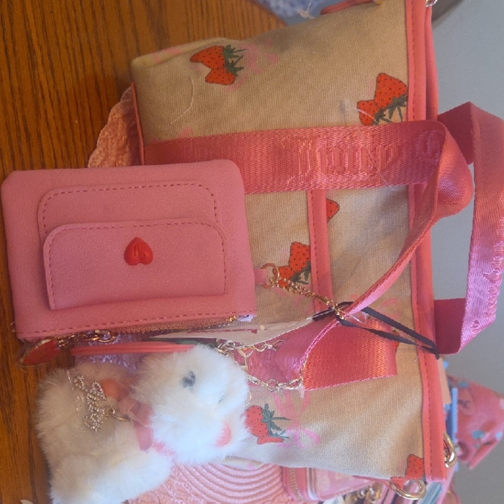 Juicy Couture Pink Strawberry Print Crossbody Bag with Plush Charm
